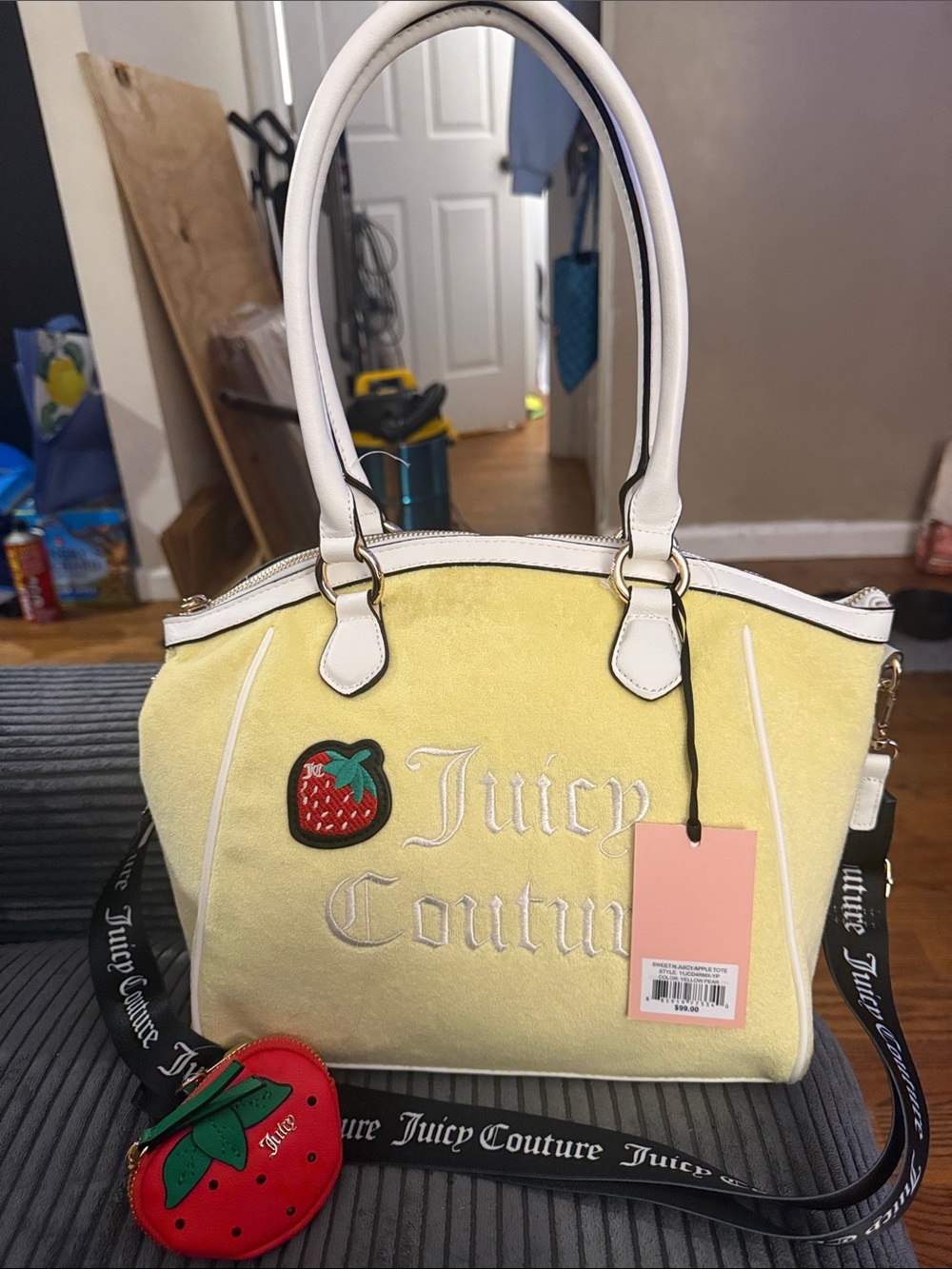 Juicy Couture Yellow Velvet Shoulder Bag with Strawberry Patch